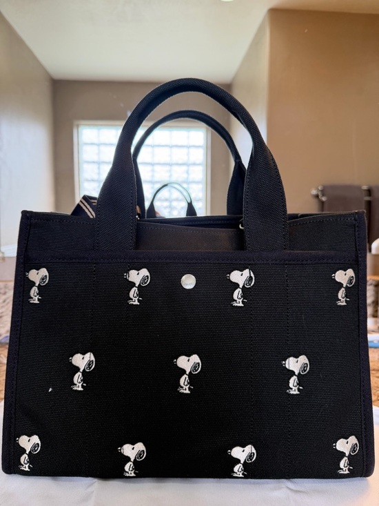 Coach Black Canvas Shoulder Bag with Brown Logo and White Snoopy Motif - Picture 2 of 4